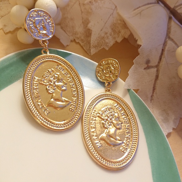 Antique Style//European Coins Queen Droo Earrings - Picture 3 of 4